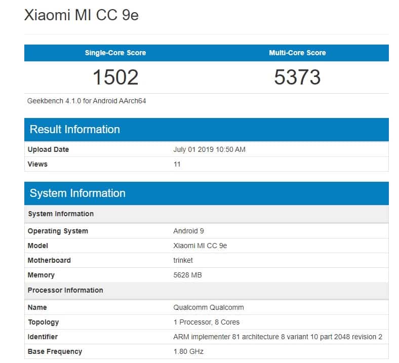 Xiaomi CC9e aparece