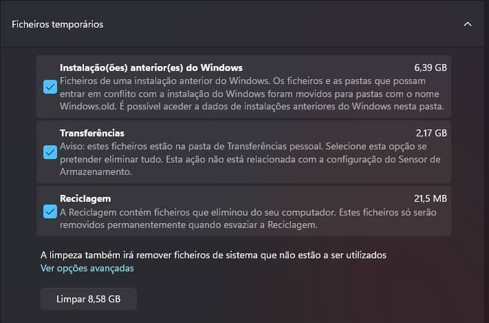 limpar ficheiros temporários windows, Windows 11 espaço