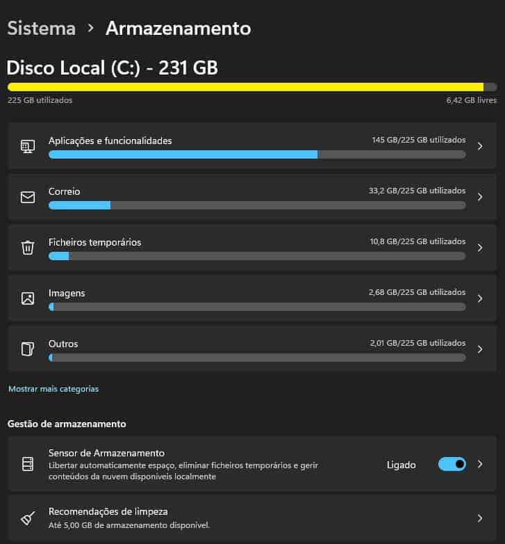Windows 11 espaço PC