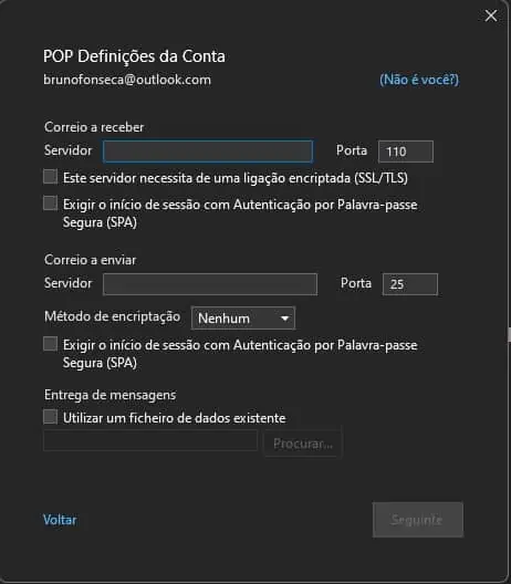 configurar o e-mail POP ou IMAP