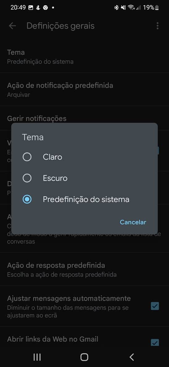Gmail modo escuro android