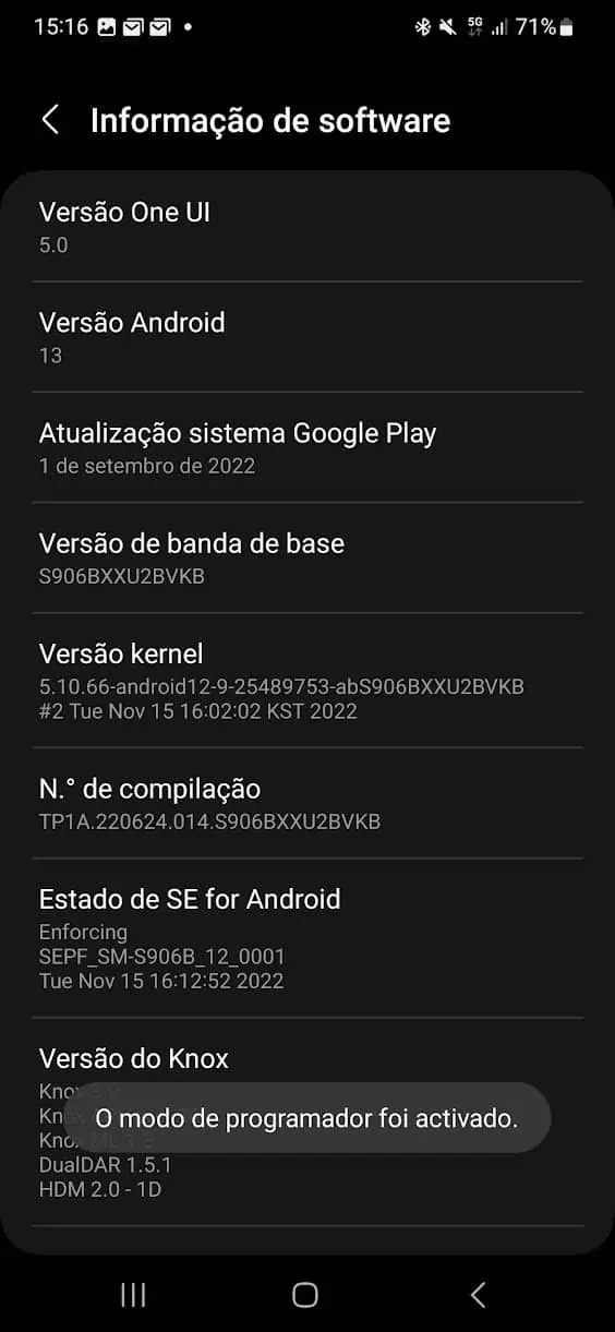 ativar as opções de programador
