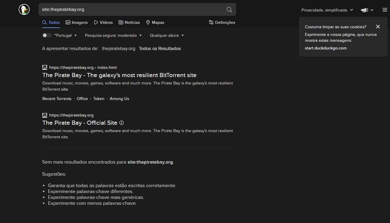 Sem pirataria! The Pirate Bay é removido dos resultados de busca