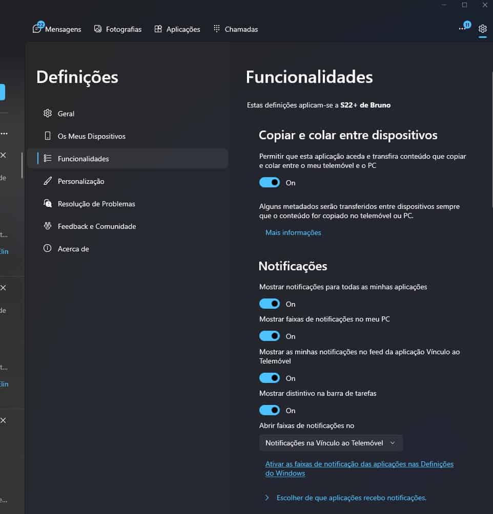 vínculo ao telemóvel configuração