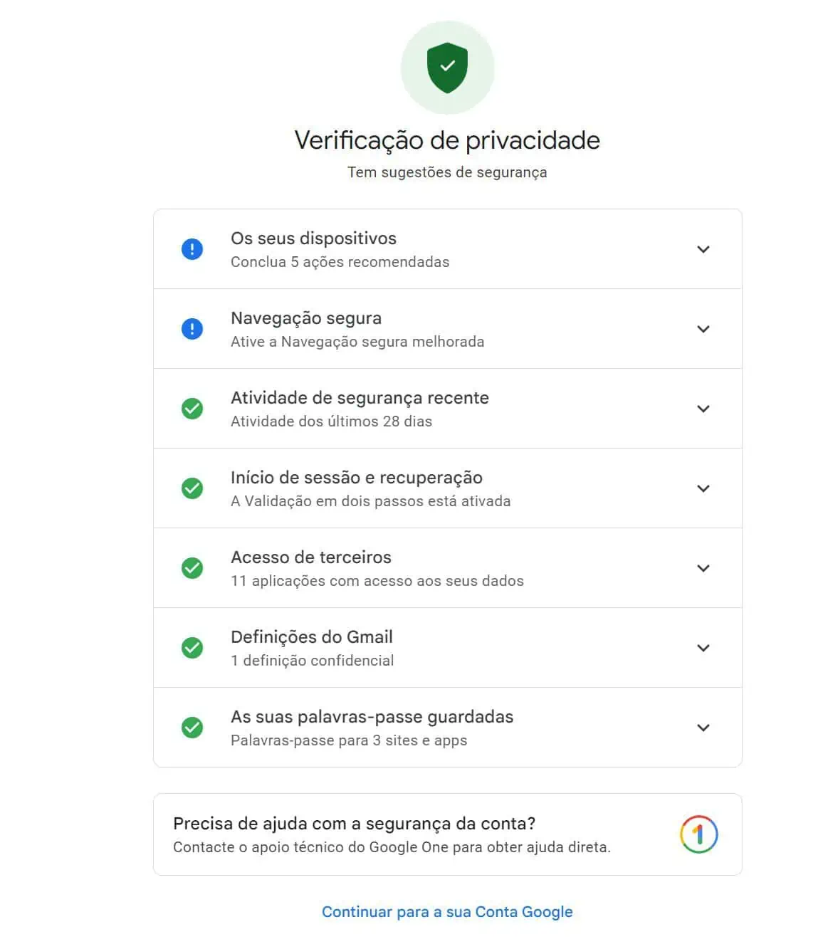 salvar conta Google