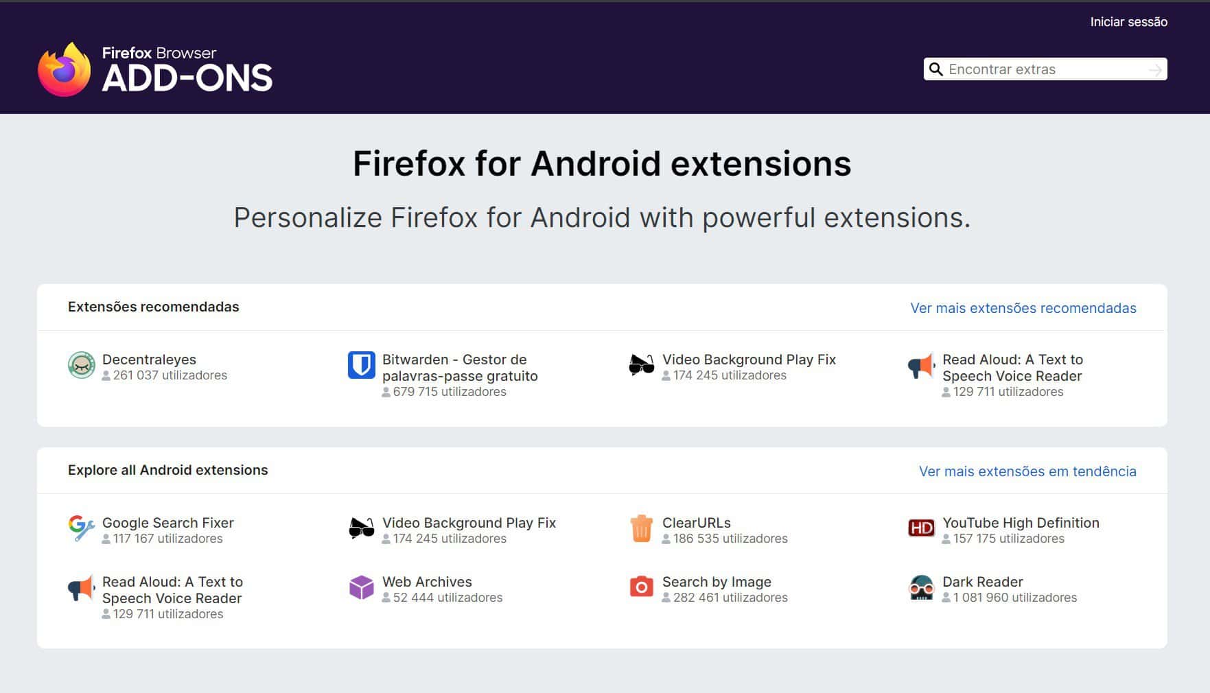 Firefox para Android extensões