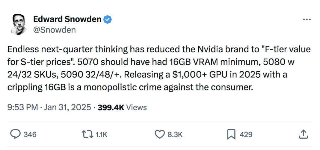 rtx 50: até edward snowden critica a nvidia!