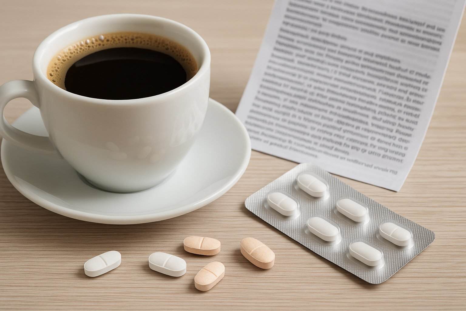 A cup of coffee and pills on a table.