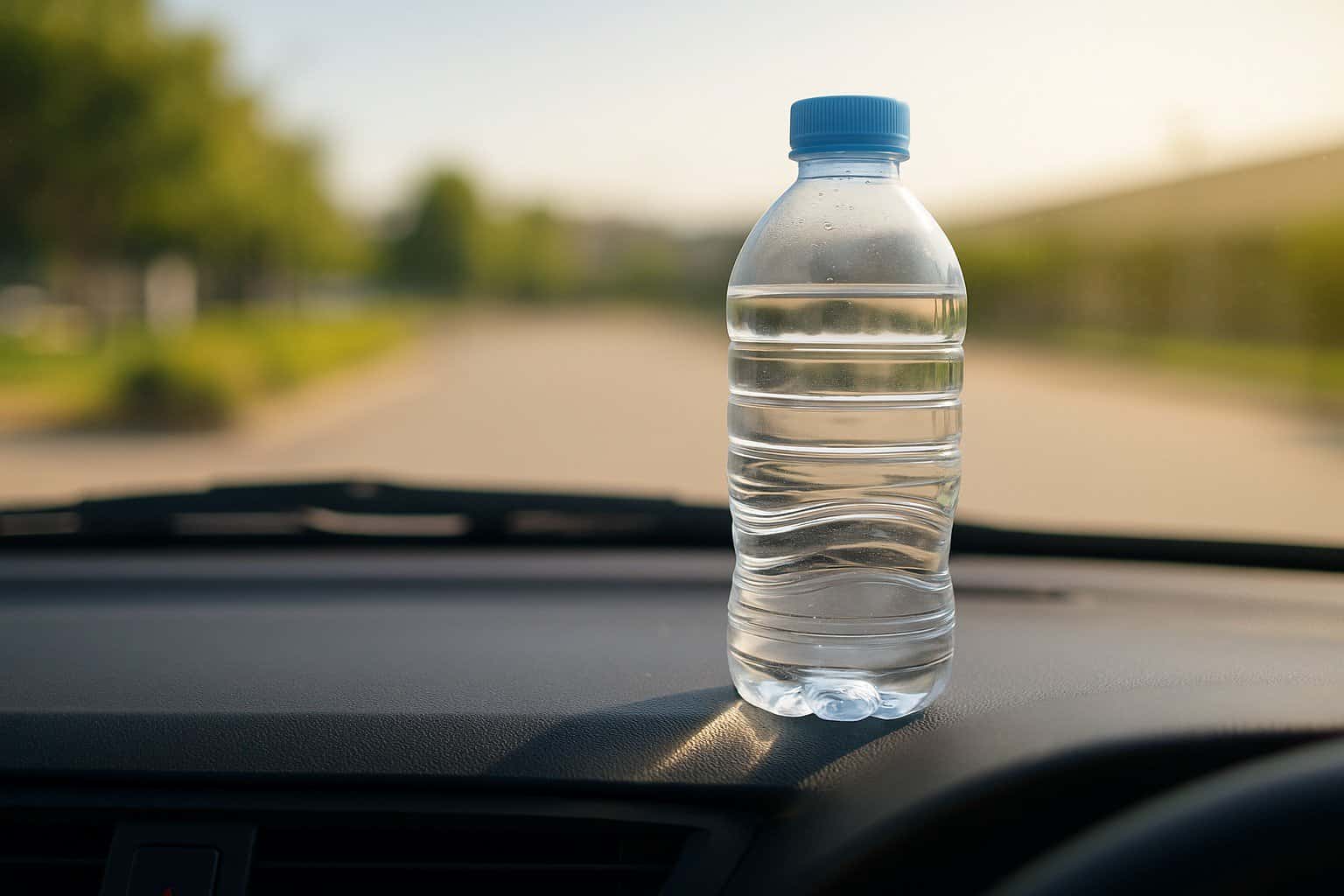garrafas de água no carro ao sol