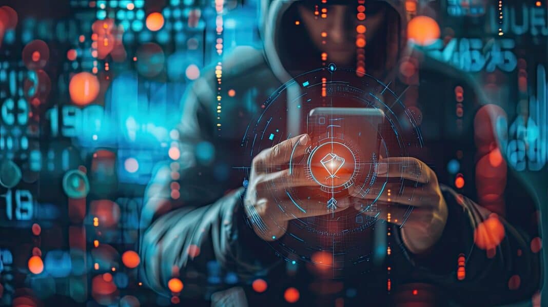 Imagem de um hacker com tecnologia avançada.