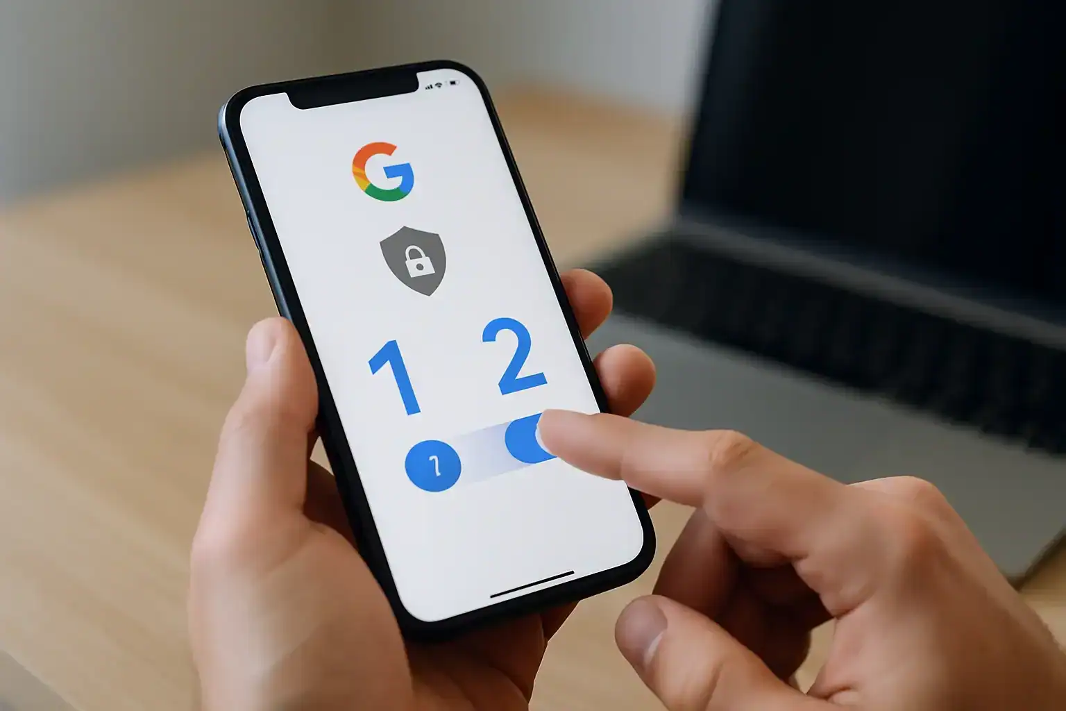 Processo de ativação de 2FA na conta Google com smartphone.