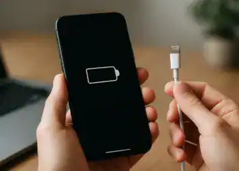 Carregador de iPhone com bateria fraca, necessidade de carregamento rápido.