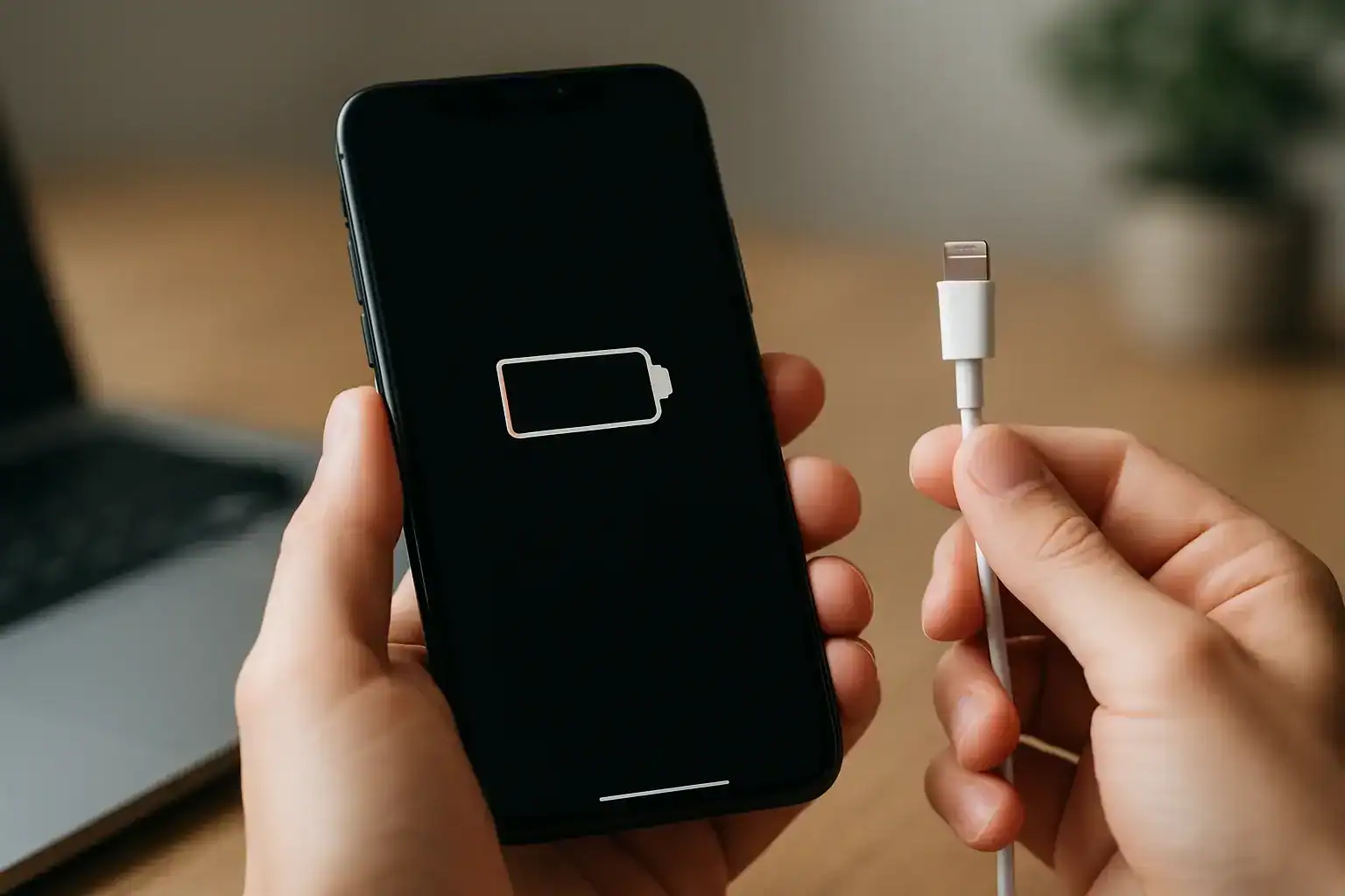 Carregador de iPhone com bateria fraca, necessidade de carregamento rápido.