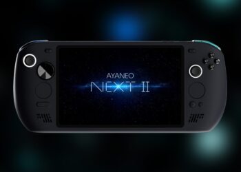 Consola portátil AYANEO Next II com tela e botões visíveis.