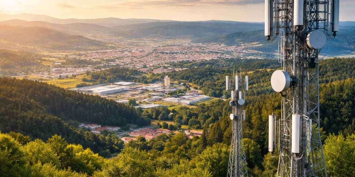 Antena de telecomunicações em área verde com vista para cidade e montanhas ao fundo.