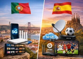 Antena de internet 5G com bandeira de Portugal e ponte do Rio Tejo ao fundo.