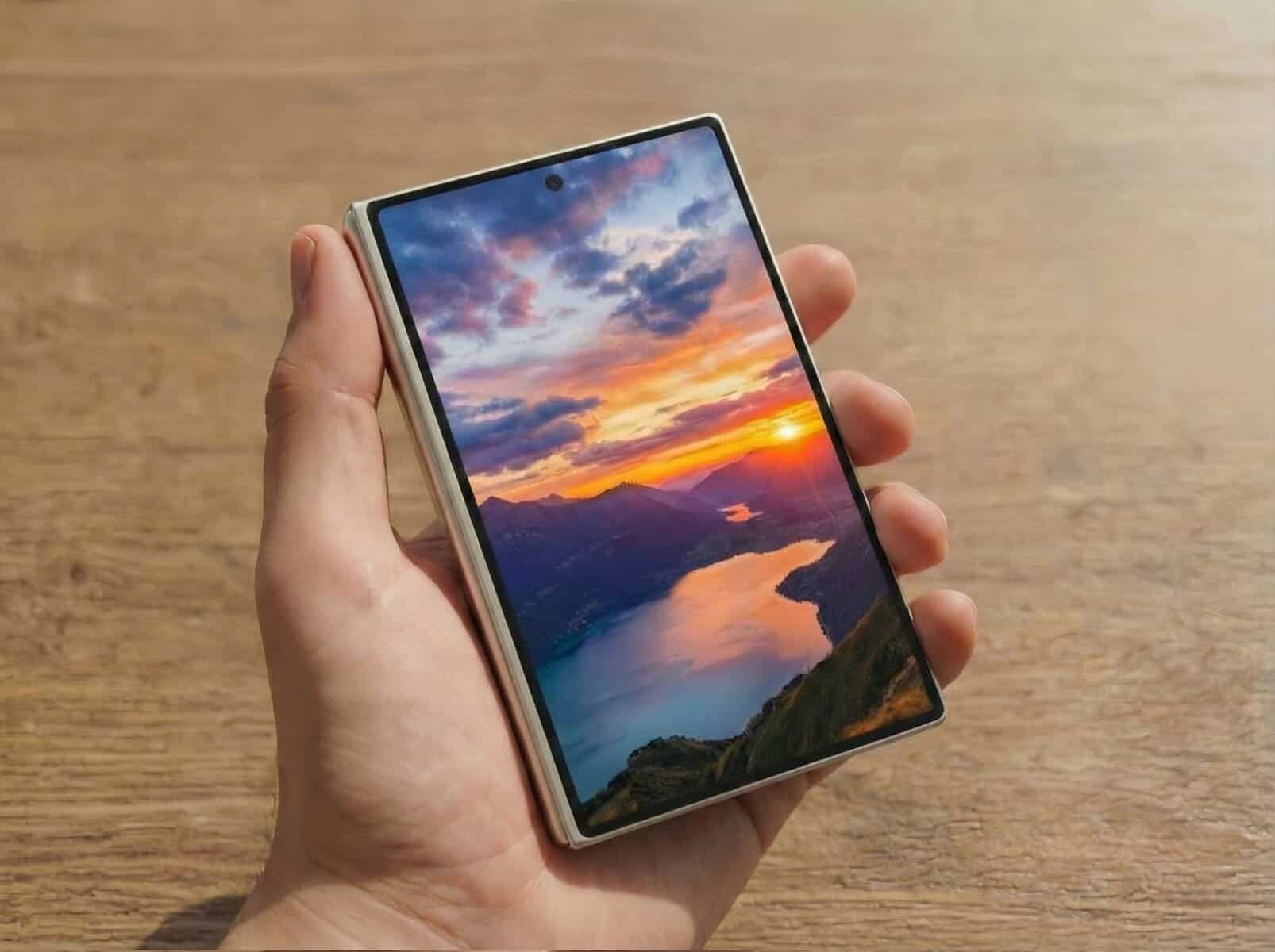 Smartphone Samsung com tela dobrável exibindo uma paisagem ao pôr do sol, destacando inovação tecnol.