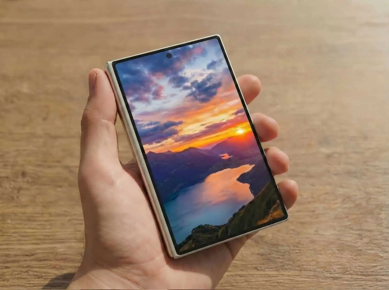 Smartphone Samsung com tela dobrável exibindo uma paisagem ao pôr do sol, destacando inovação tecnol.