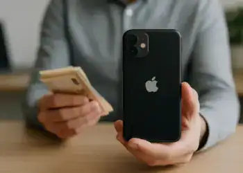 IPhone recondicionado preto com dinheiro na mão, destacando economia em tecnologia Apple.