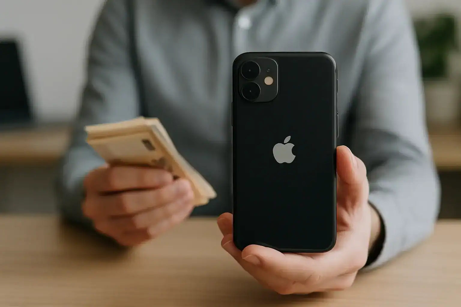 IPhone recondicionado preto com dinheiro na mão, destacando economia em tecnologia Apple.