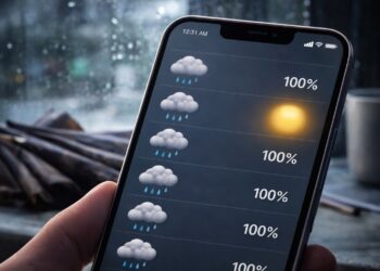 Aplicação do tempo mostrando ícone antigo de previsão meteorológica em Portugal.