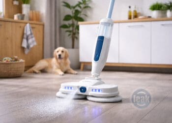 Esfregona elétrica com pulverizador do LIDL em uso em casa com cão ao fundo.