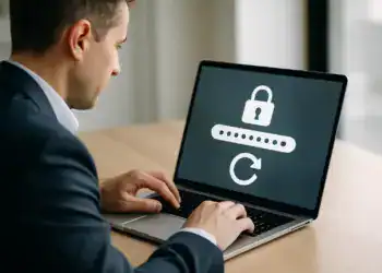 Senha segura sendo alterada em laptop com ícone de cadeado e atualização.