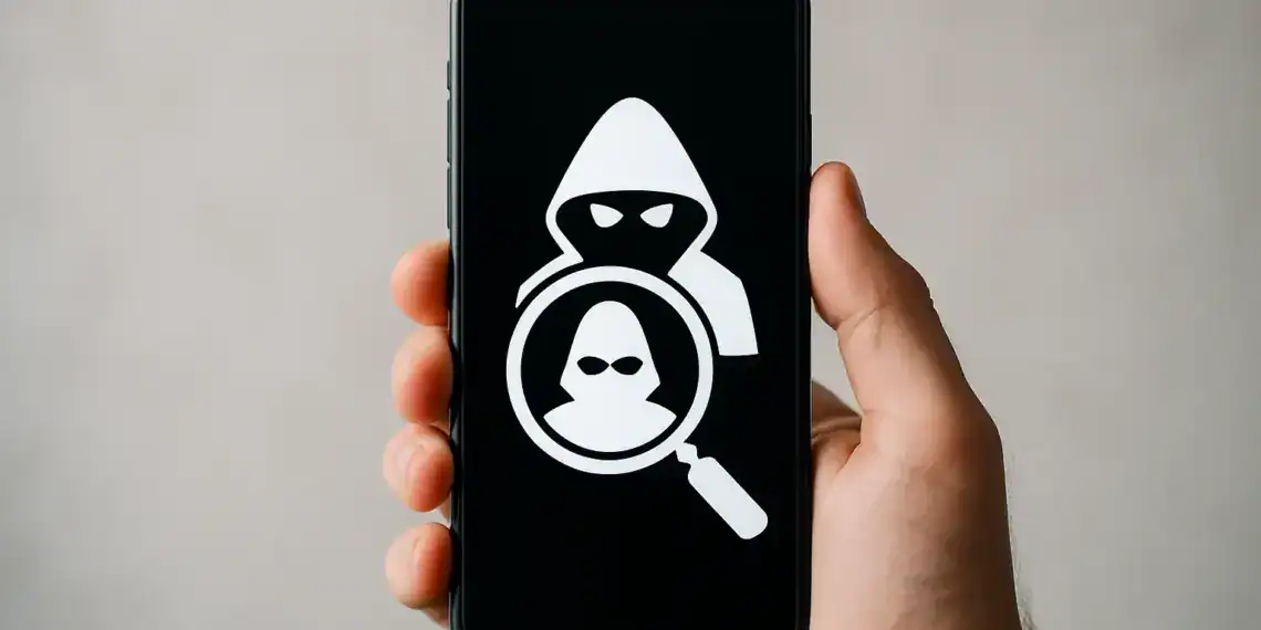 Procurado por espiões no telemóvel com símbolo de hacker e lupa.