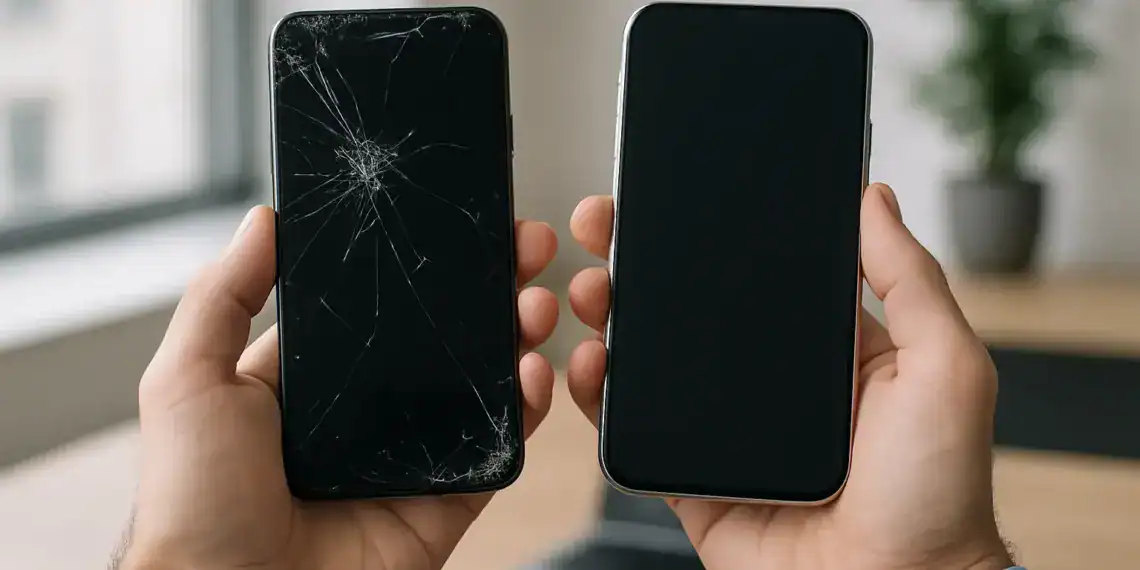Quebra de smartphone com tela danificada, sinal de necessidade de troca do dispositivo.