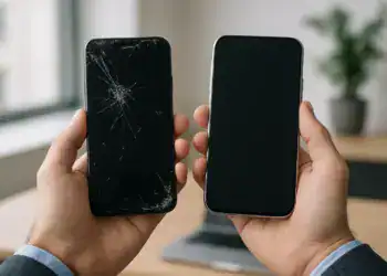 Quebra de smartphone com tela danificada, sinal de necessidade de troca do dispositivo.