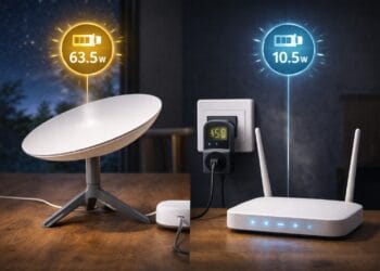 Estação Starlink com painel solar e roteador Wi-Fi, comparando consumo energético.