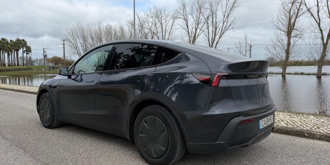 Tesla Model Y elétrico preto estacionado à beira de um lago, com árvores ao fundo, em um dia nublado.